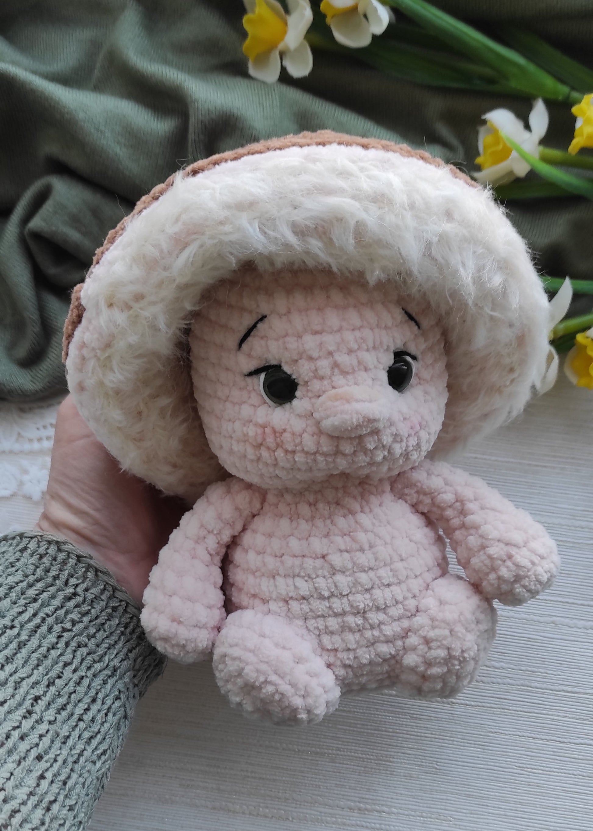 Handmade crochet mushroom plushie filled with soft hypoallergenic hollowfiber