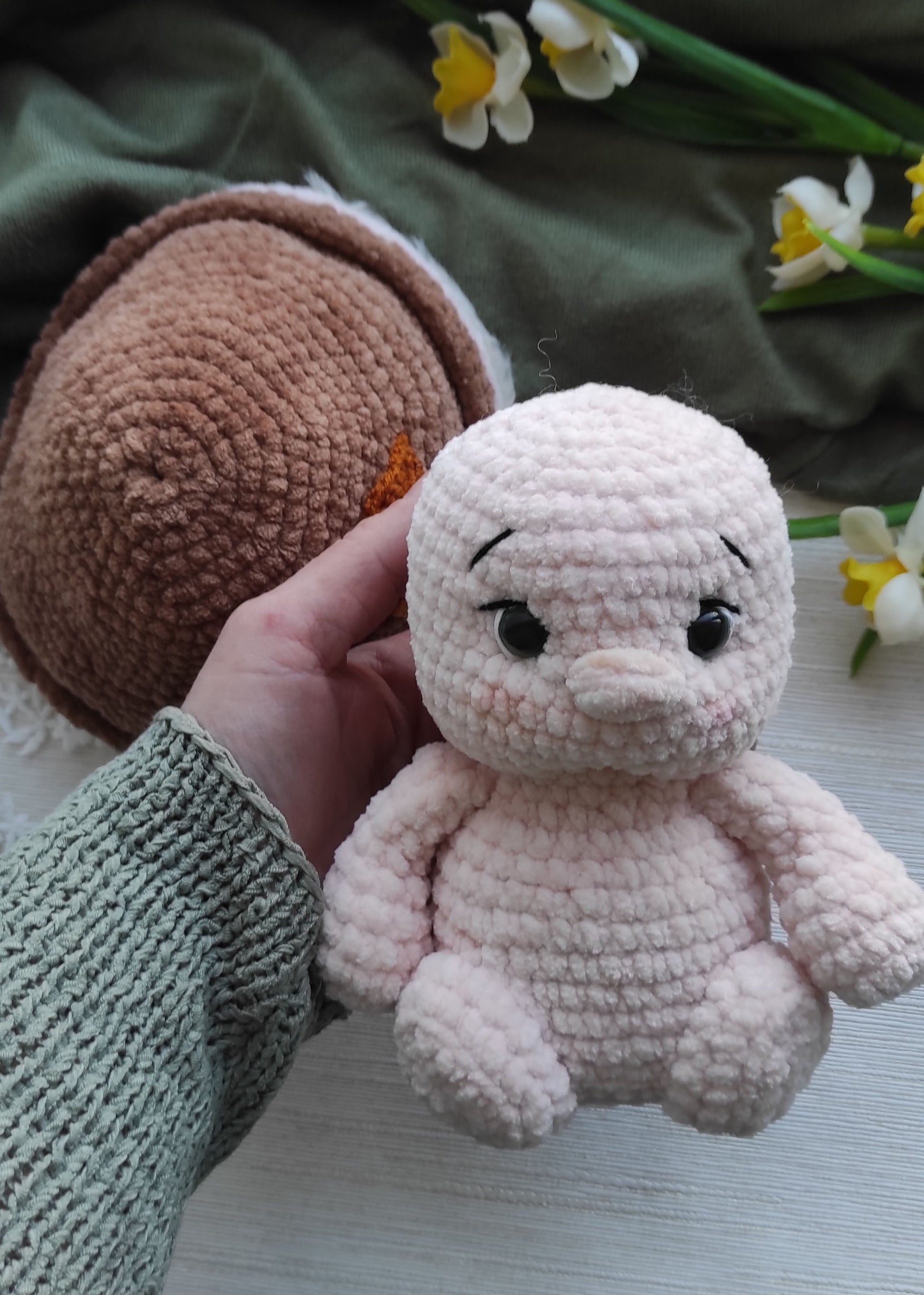 Soft amigurumi toadstool toy by Valentyna Levytska with removable hat detail.