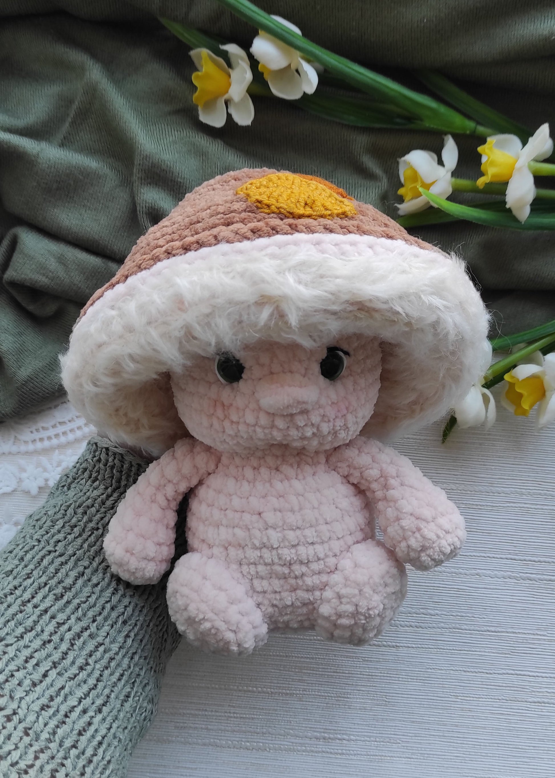 High-quality crochet mushroom plush toy with safety eyes and premium hollowfiber stuffing.