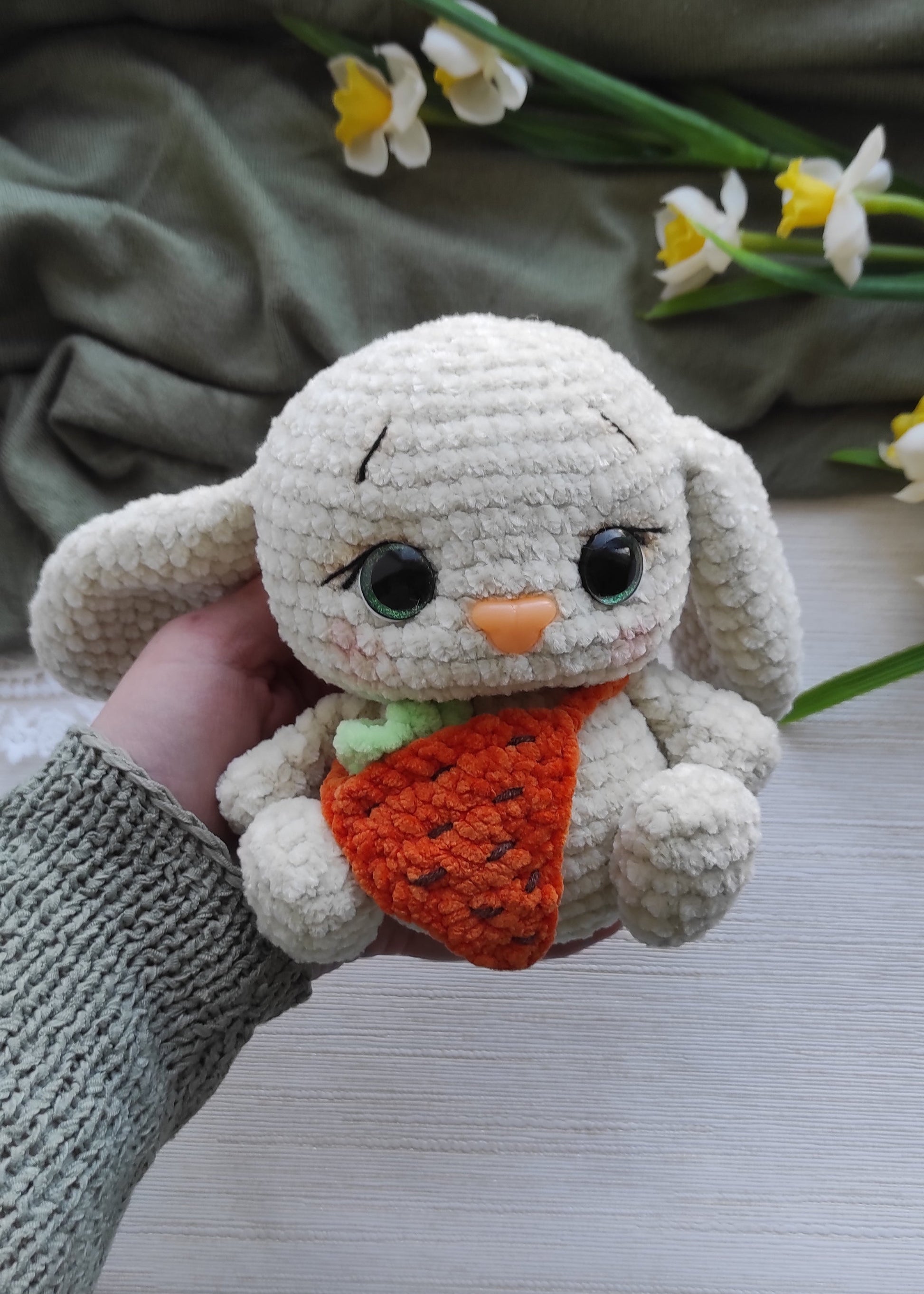 Handmade crochet rabbit with small carrot purse for candy or coins