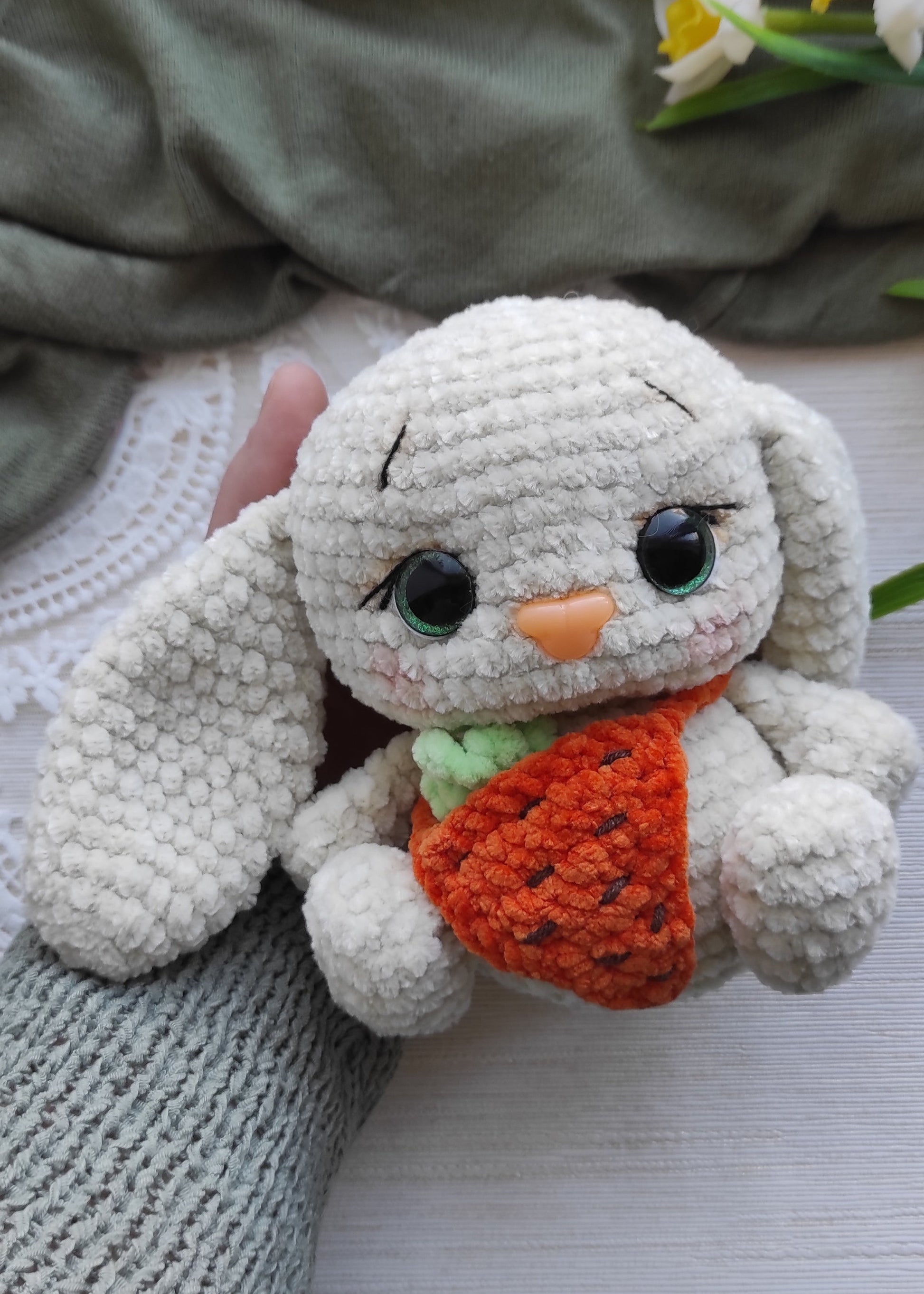 Handmade crochet rabbit with small carrot purse for candy or coins