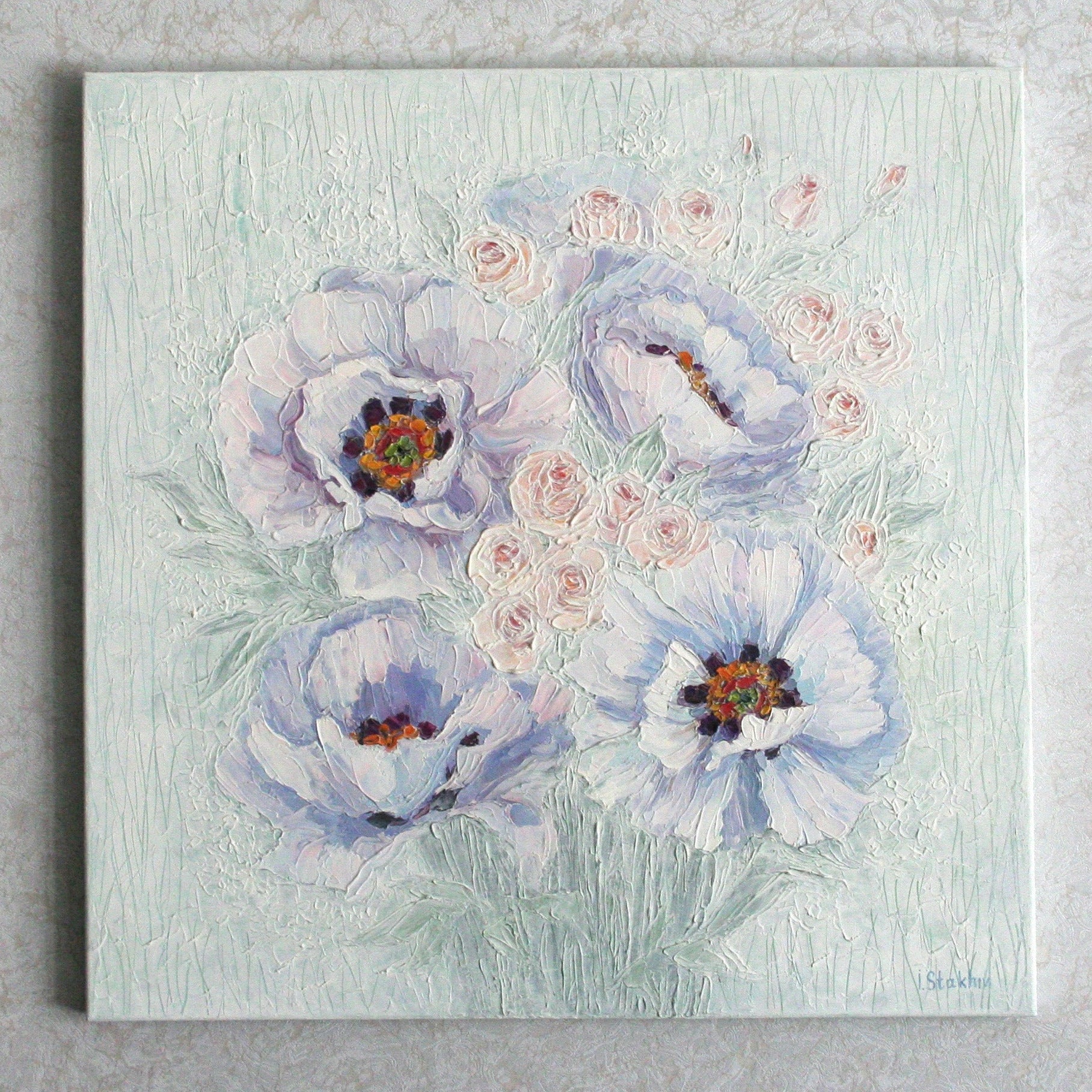Original peony oil painting by Iryna Stakhiv, palette knife floral wall art on canvas.