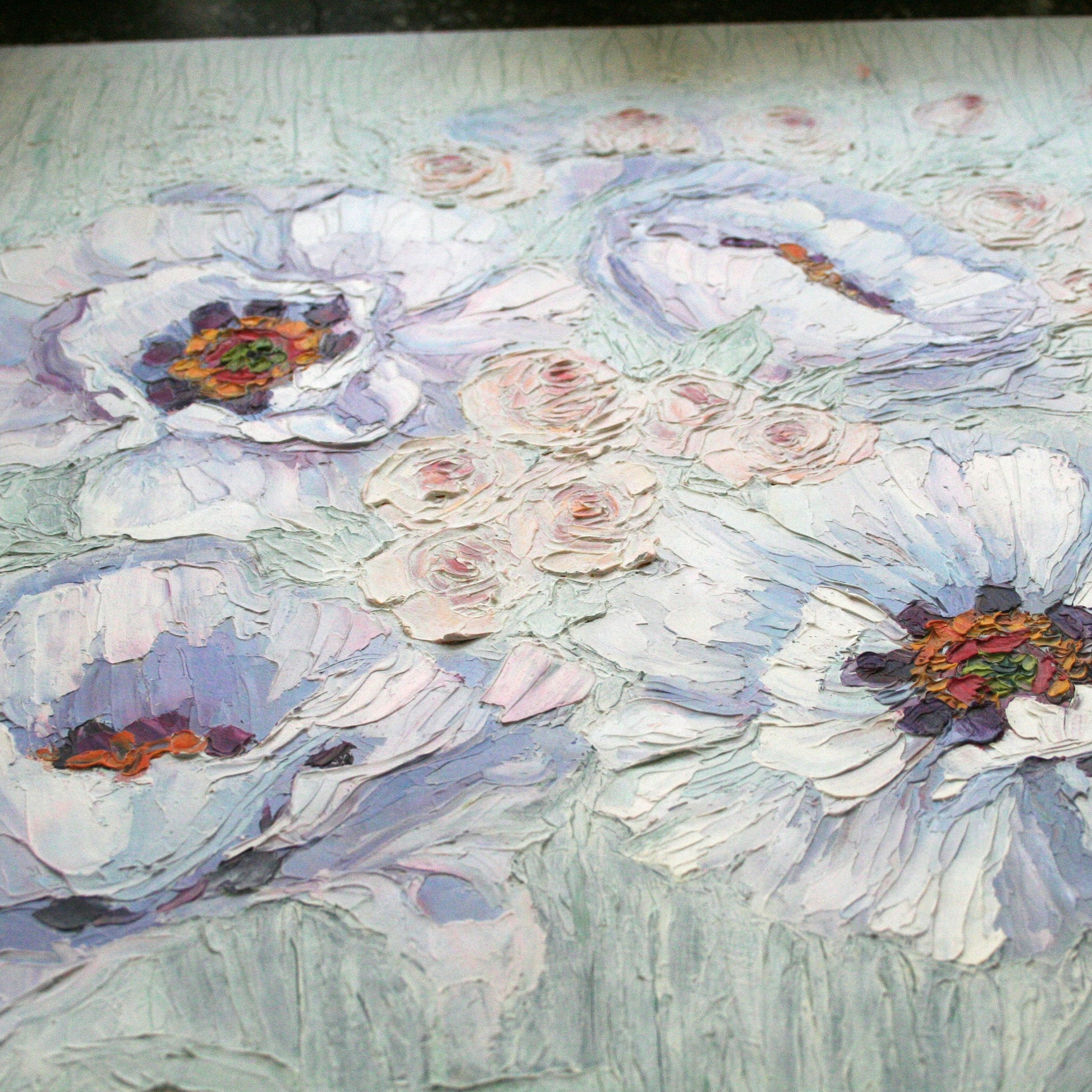 Close-up of impasto texture on peony oil painting, thick paint strokes, pastel flowers.
