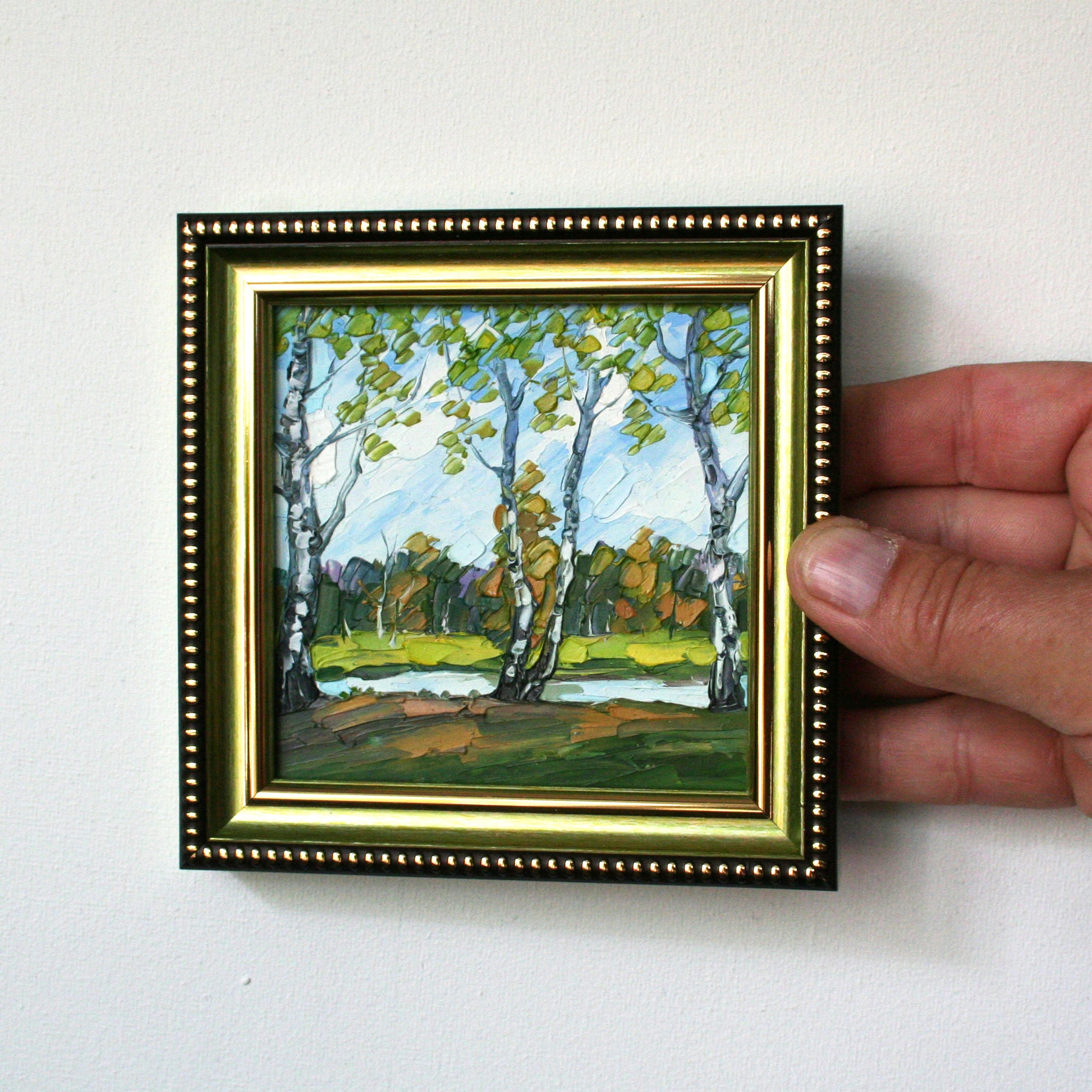 Original mini oil painting of birch trees by a river, 4x4 palette knife impasto landscape by Iryna Stakhiv