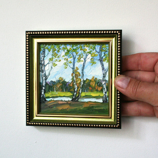 Original mini oil painting of birch trees by a river, 4x4 palette knife impasto landscape by Iryna Stakhiv