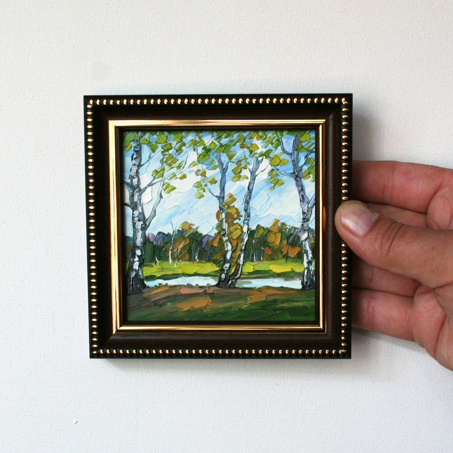 Small birch tree impasto painting with brown frame, rustic nature-inspired home decor