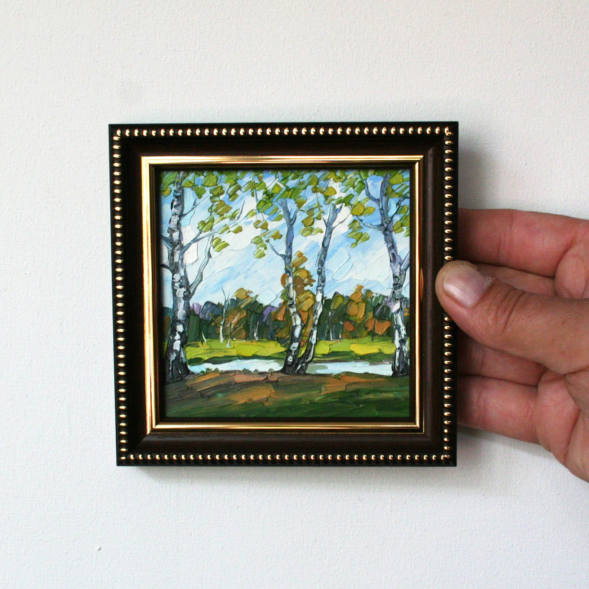 Small birch tree impasto painting with brown frame, rustic nature-inspired home decor