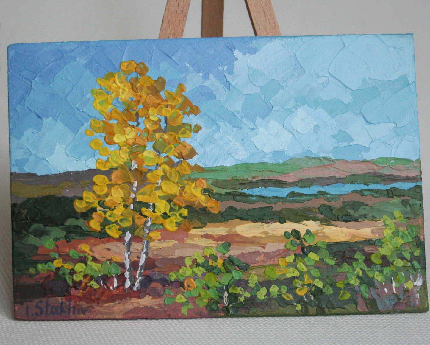 Original Autumn Mini Painting, Acrylic Palette Knife Art, Birch Tree Fall Landscape, Rainy Day Moody Art