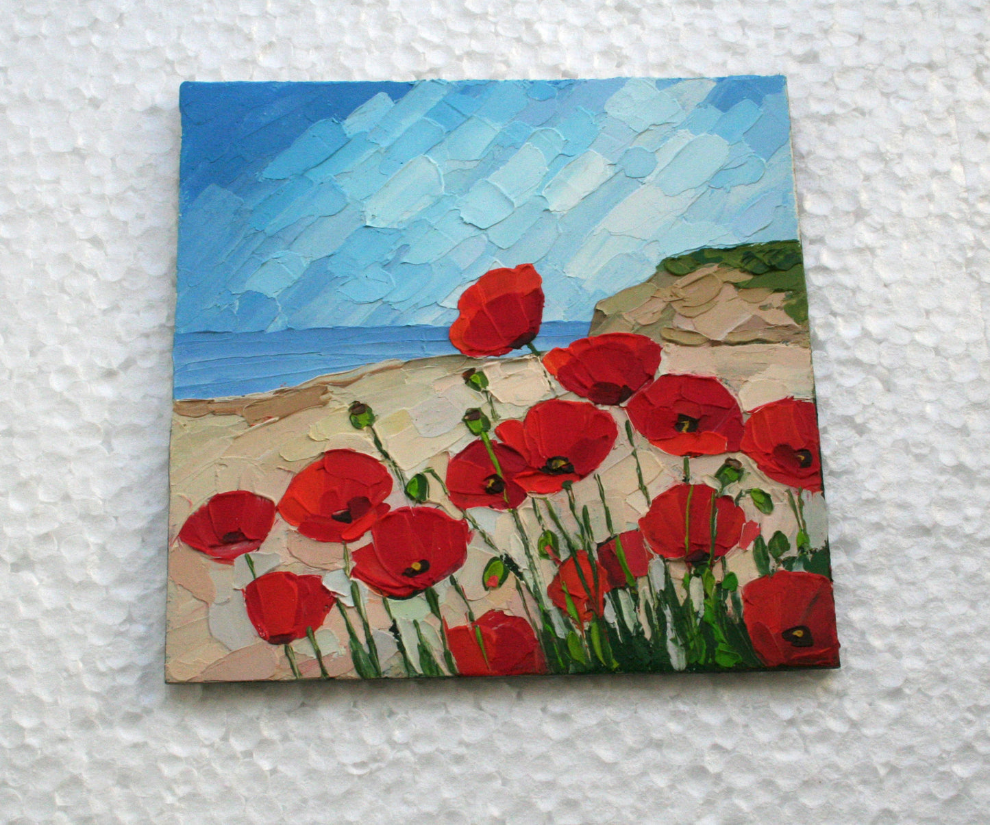 Red Poppy Original Impasto Oil Painting - 4x4 Mini Ocean Landscape, Framed