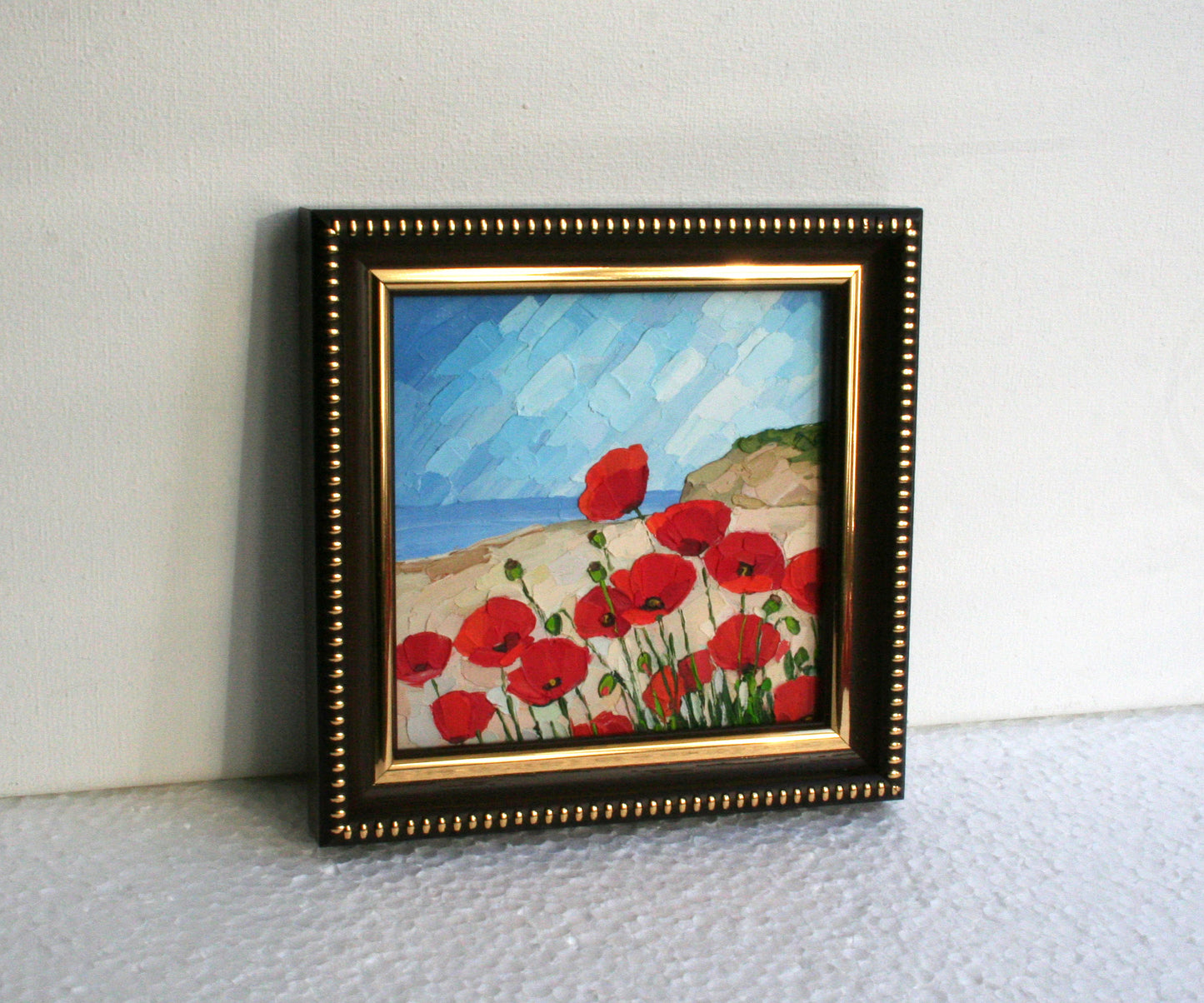 Red Poppy Original Impasto Oil Painting - 4x4 Mini Ocean Landscape, Framed