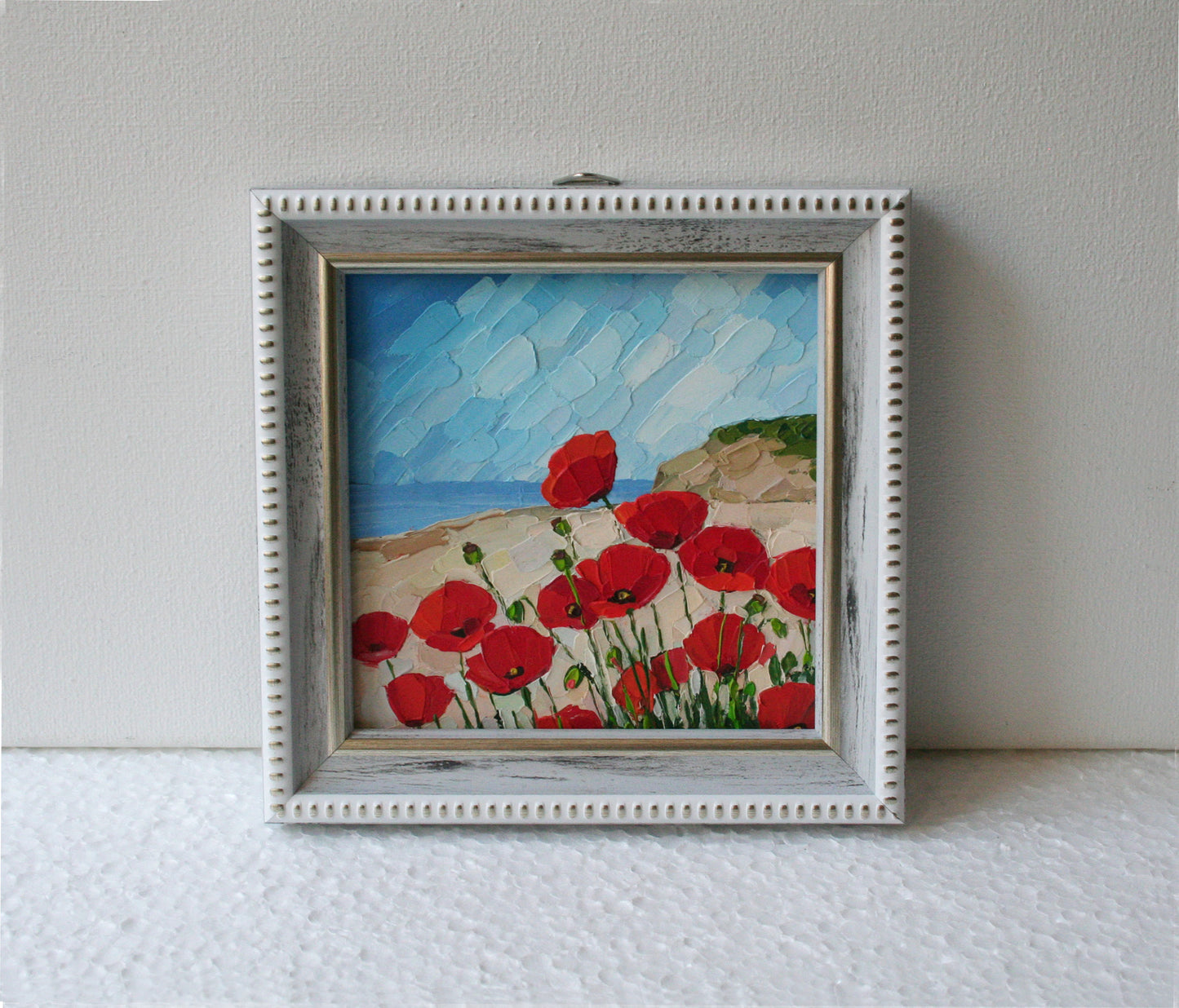 Red Poppy Original Impasto Oil Painting - 4x4 Mini Ocean Landscape, Framed