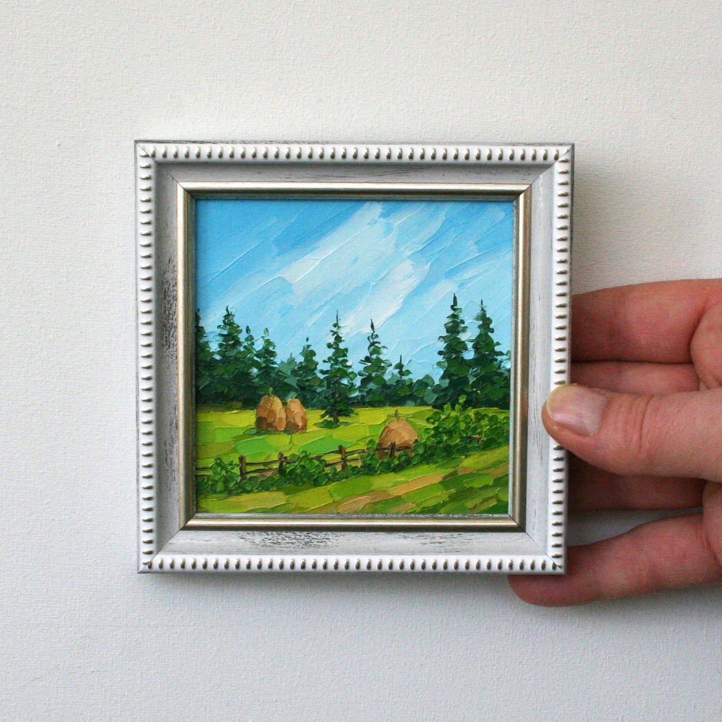 Framed Original Mini Oil Painting 4x4 | Rustic Haystack & Meadow Landscape