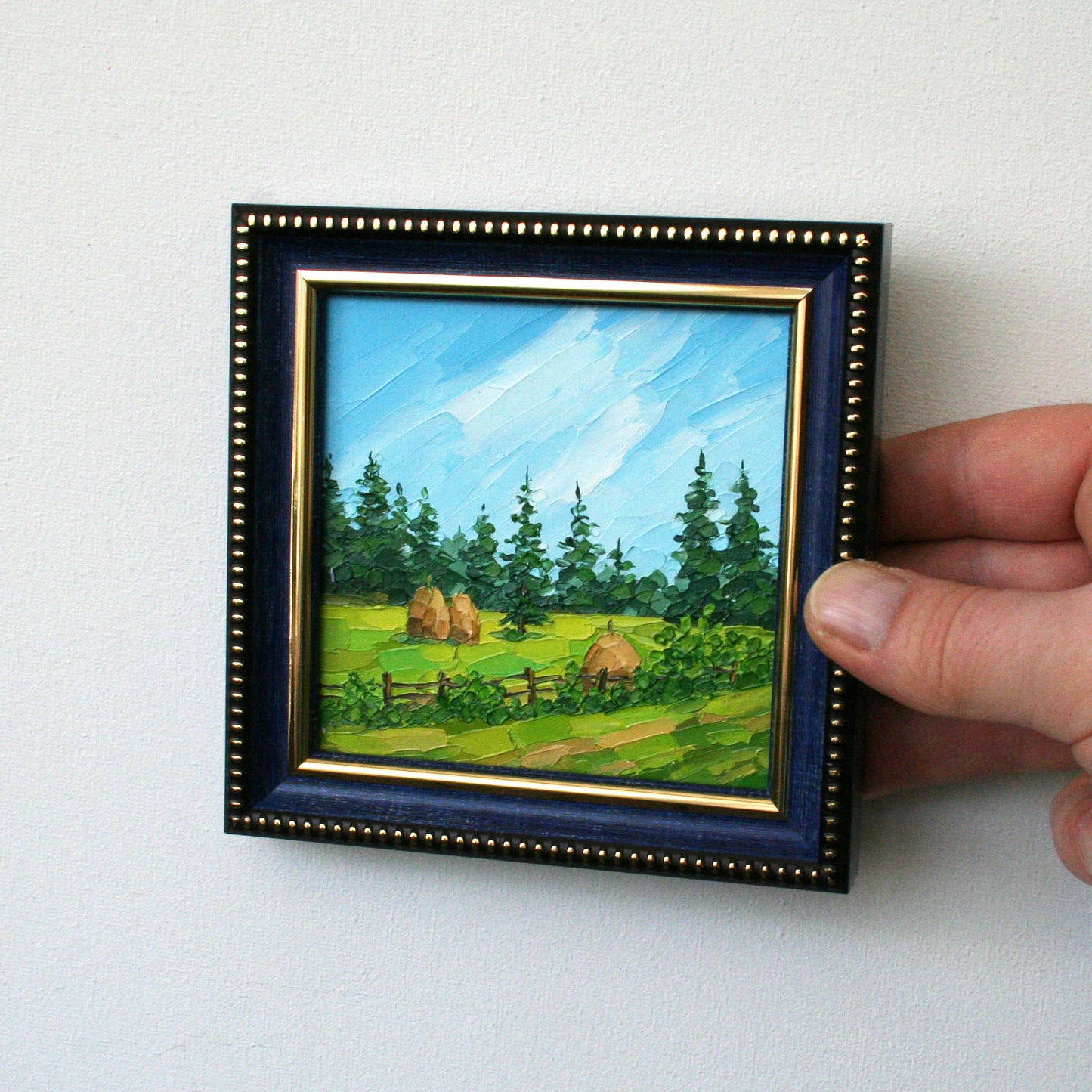 Framed Original Mini Oil Painting 4x4 | Rustic Haystack & Meadow Landscape