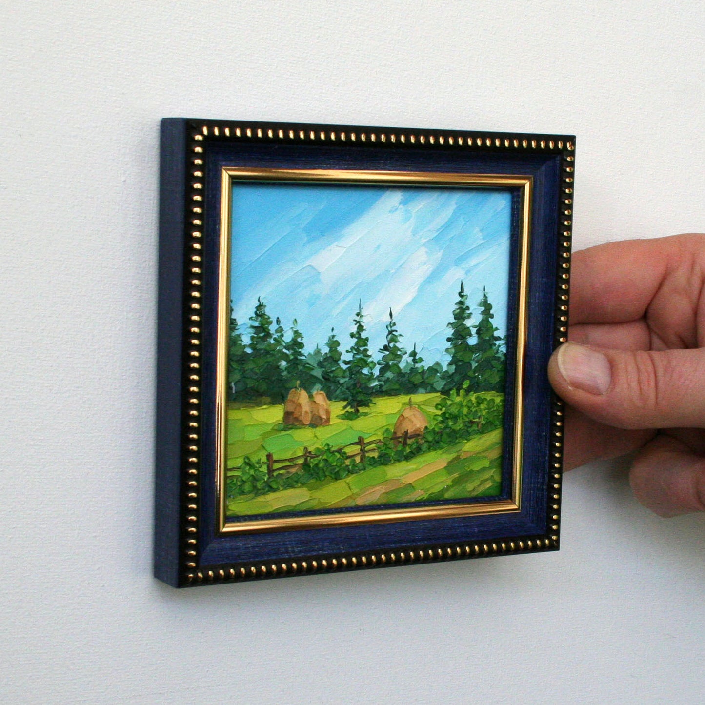 Framed Original Mini Oil Painting 4x4 | Rustic Haystack & Meadow Landscape