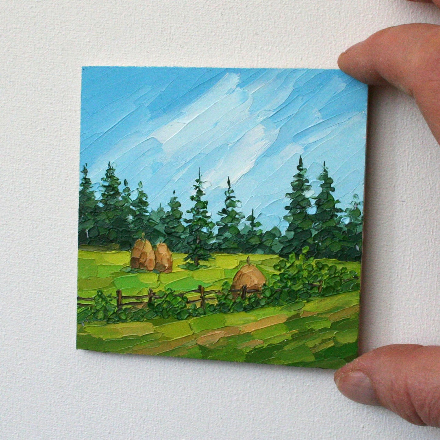 Framed Original Mini Oil Painting 4x4 | Rustic Haystack & Meadow Landscape