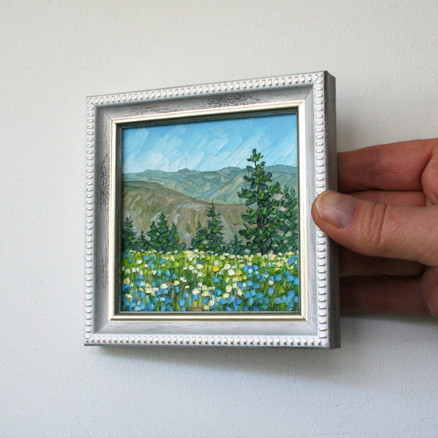 Hells Canyon Original Mini Oil Painting Framed, Wildflower Mountain Landscape 4x4, Impasto Palette Knife Texture
