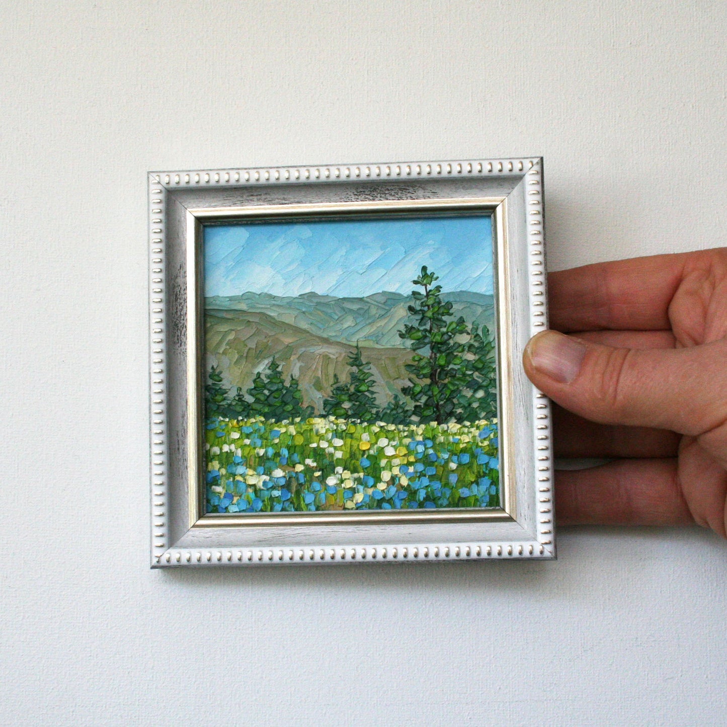 Hells Canyon Original Mini Oil Painting Framed, Wildflower Mountain Landscape 4x4, Impasto Palette Knife Texture