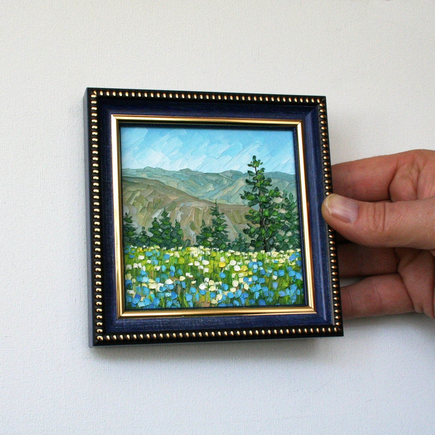Hells Canyon Original Mini Oil Painting Framed, Wildflower Mountain Landscape 4x4, Impasto Palette Knife Texture