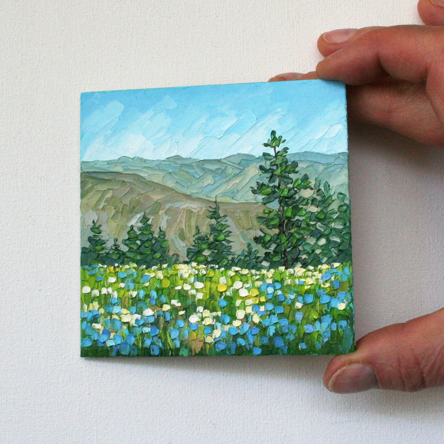 Hells Canyon Original Mini Oil Painting Framed, Wildflower Mountain Landscape 4x4, Impasto Palette Knife Texture