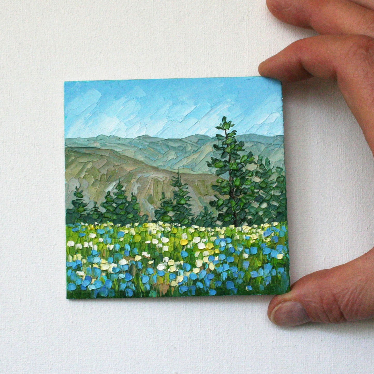 Hells Canyon Original Mini Oil Painting Framed, Wildflower Mountain Landscape 4x4, Impasto Palette Knife Texture