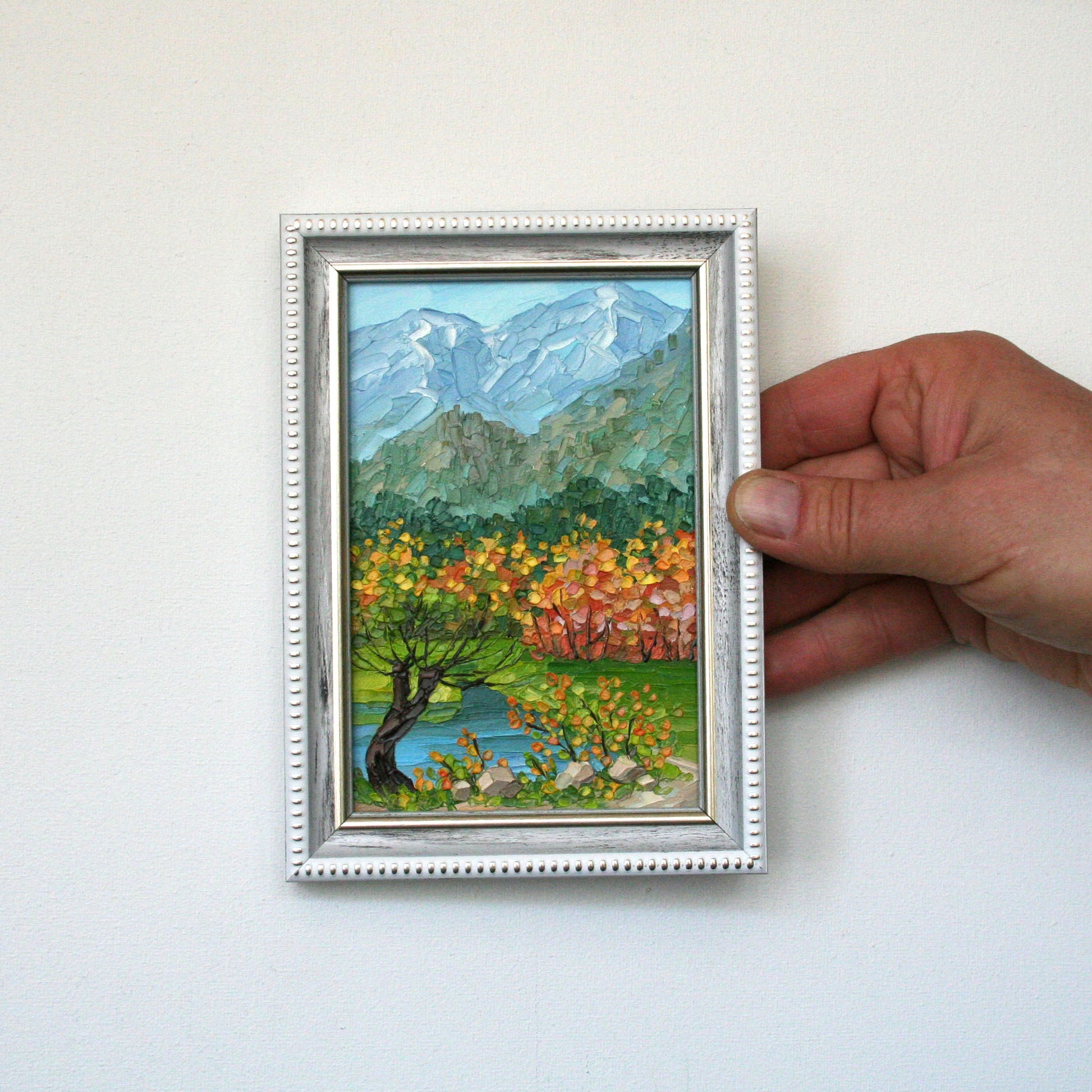 Blue Ridge Mountains and trees palette knife oil pinting