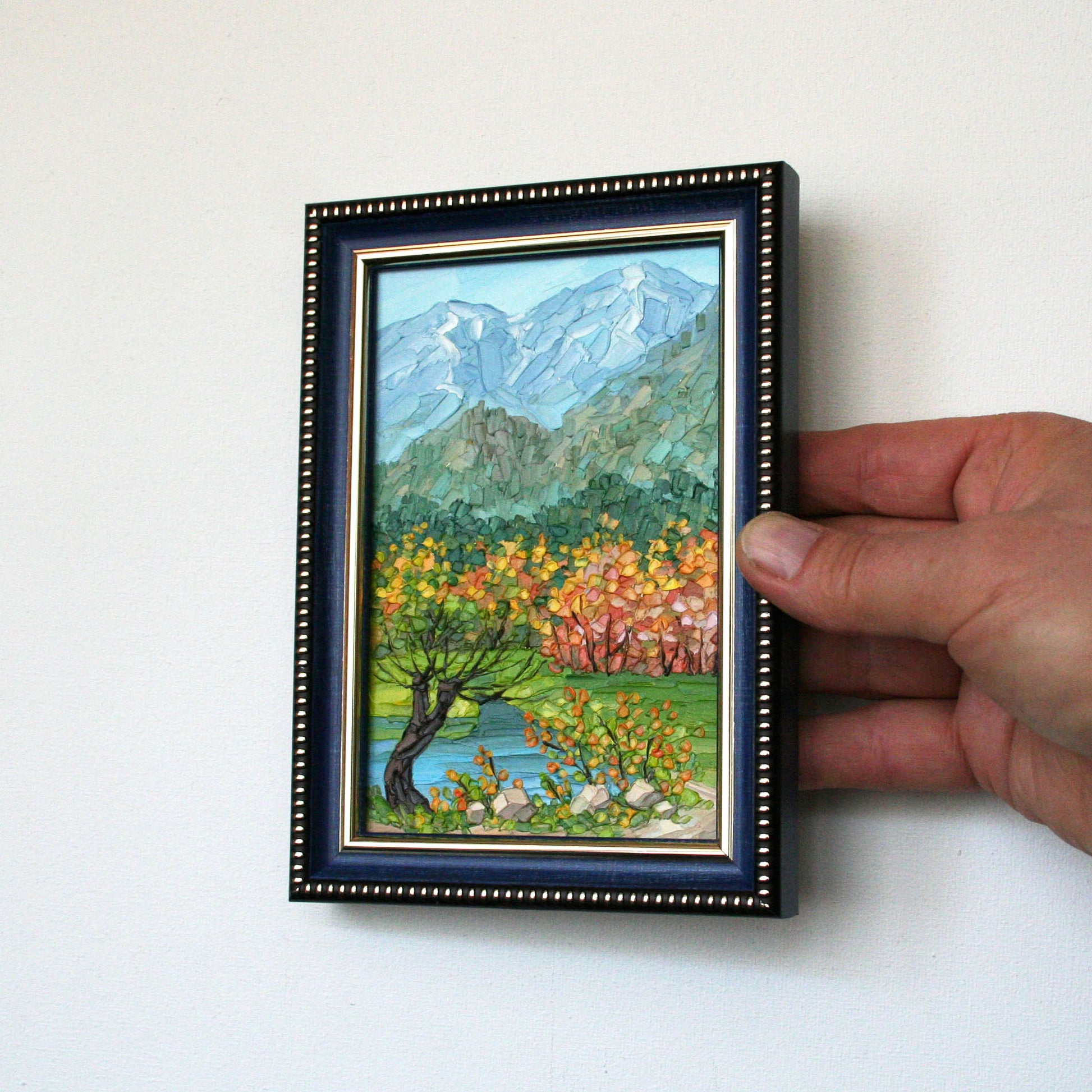 Small 4x6 original oil painting of a majestic mountain range above a calm lake