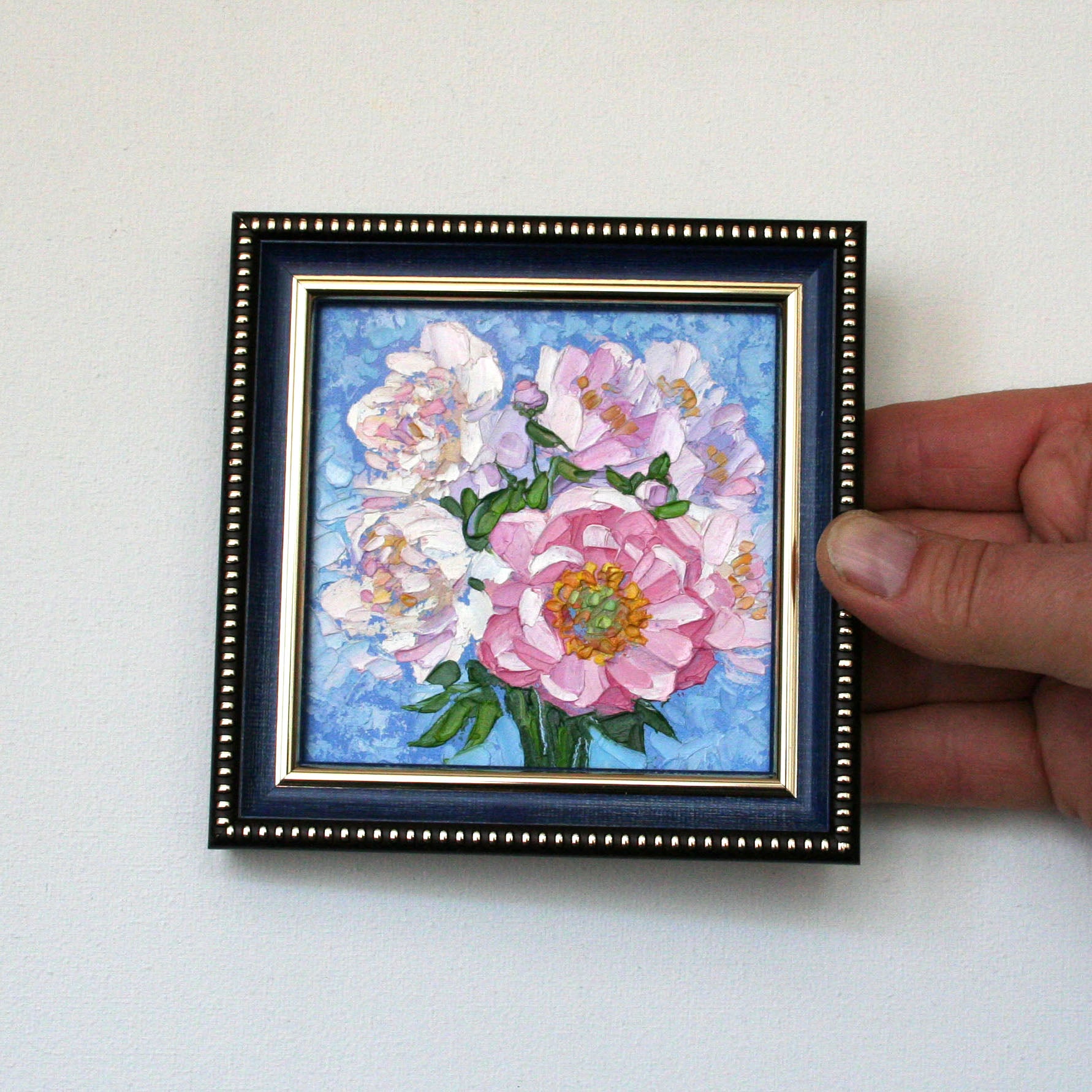 Original 4x4 pink peonies oil painting by Iryna Stakhiv. 