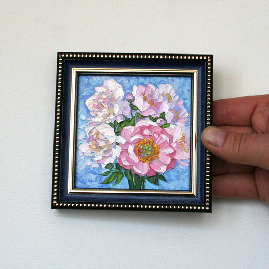 Original 4x4 pink peonies oil painting by Iryna Stakhiv. 