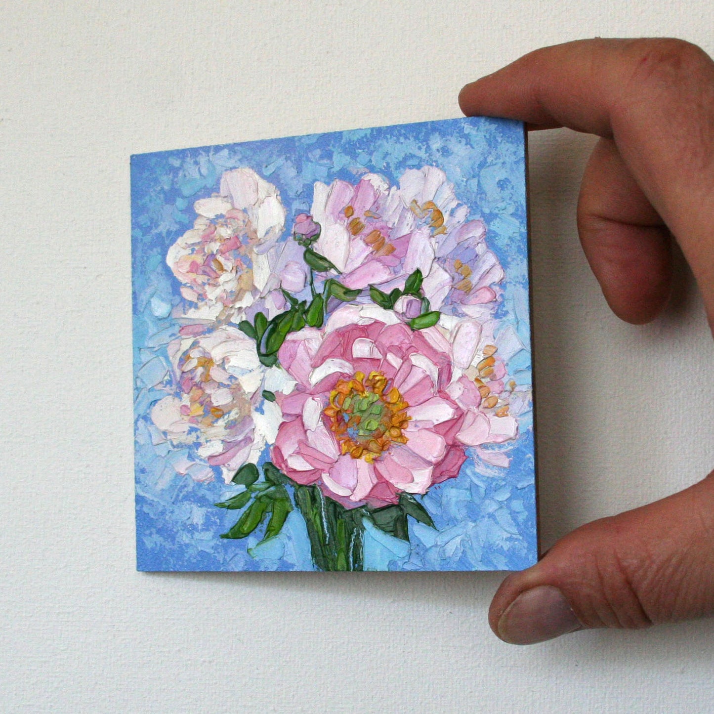 Peonies Mini Oil Painting, Framed Original Impasto Art, Textured Flower Gift for Her