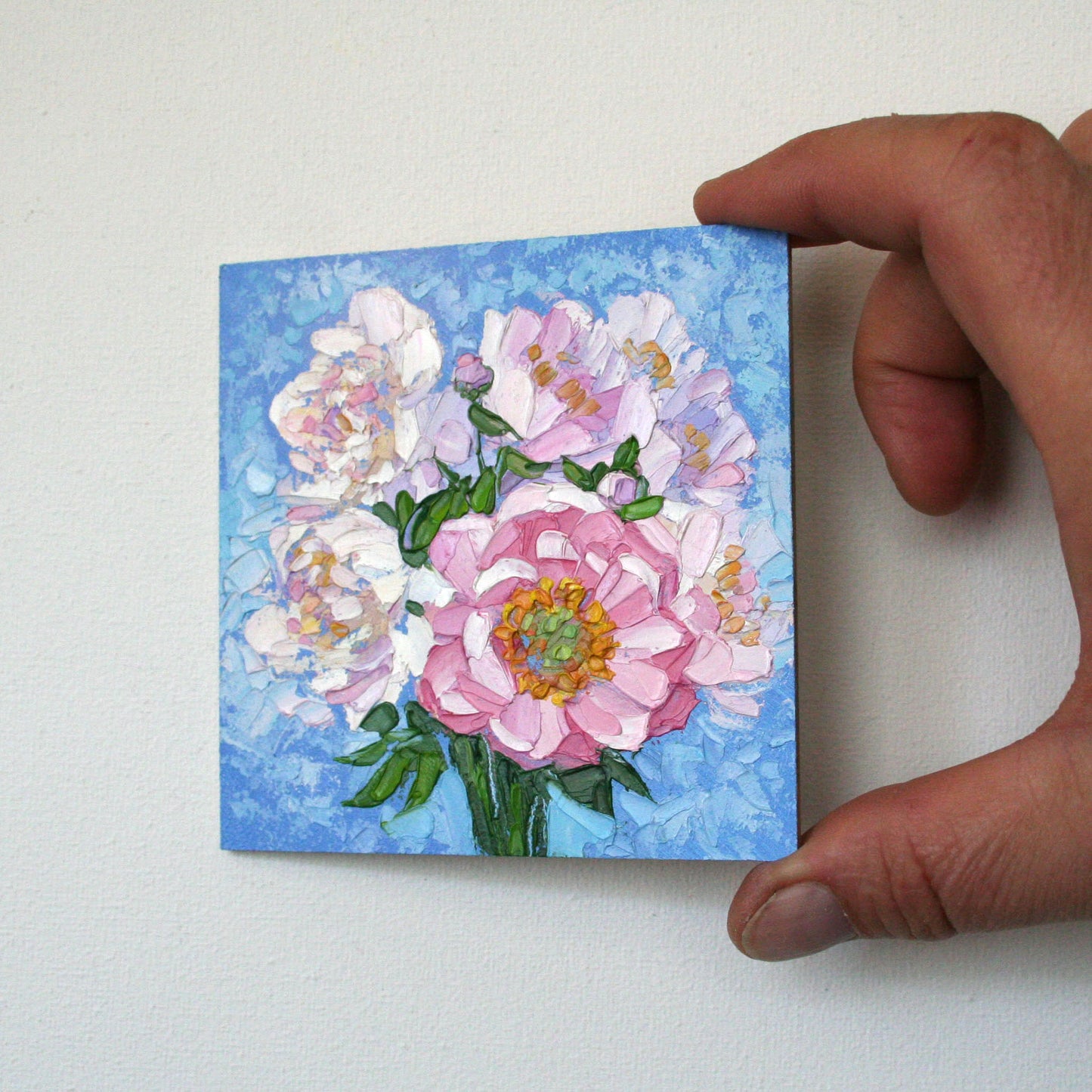Peonies Mini Oil Painting, Framed Original Impasto Art, Textured Flower Gift for Her