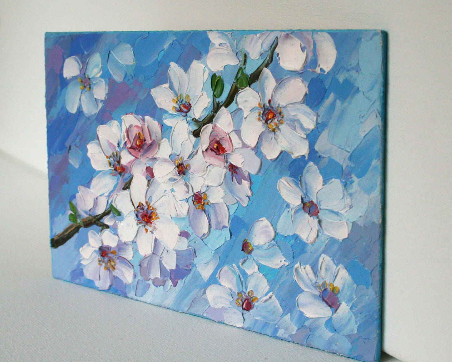 Impasto 3D texture details of pink sakura petals palette knife artwork