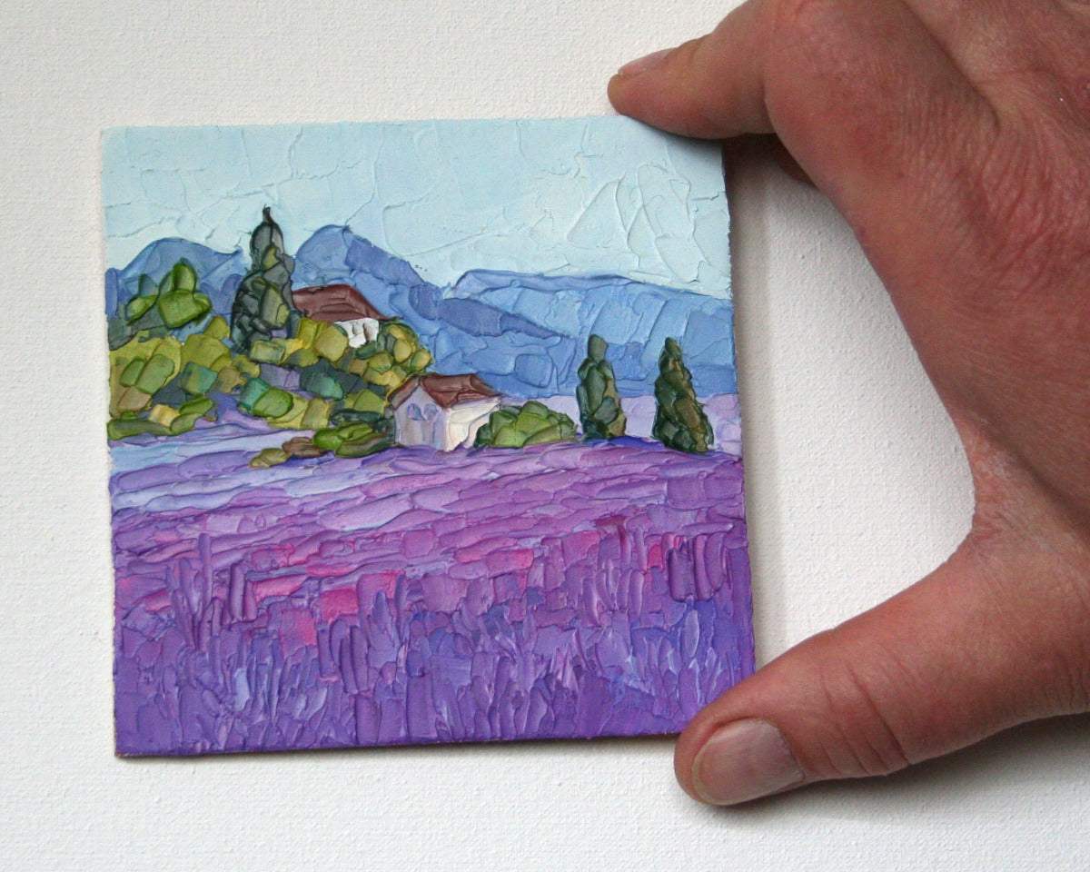 Impasto lavender fields painting held in hand, tiny original Provence art by Iryna Stakhiv