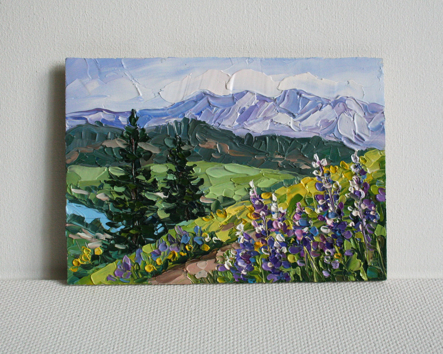 Impasto painting of mountain landscape, original oil artwoкk
