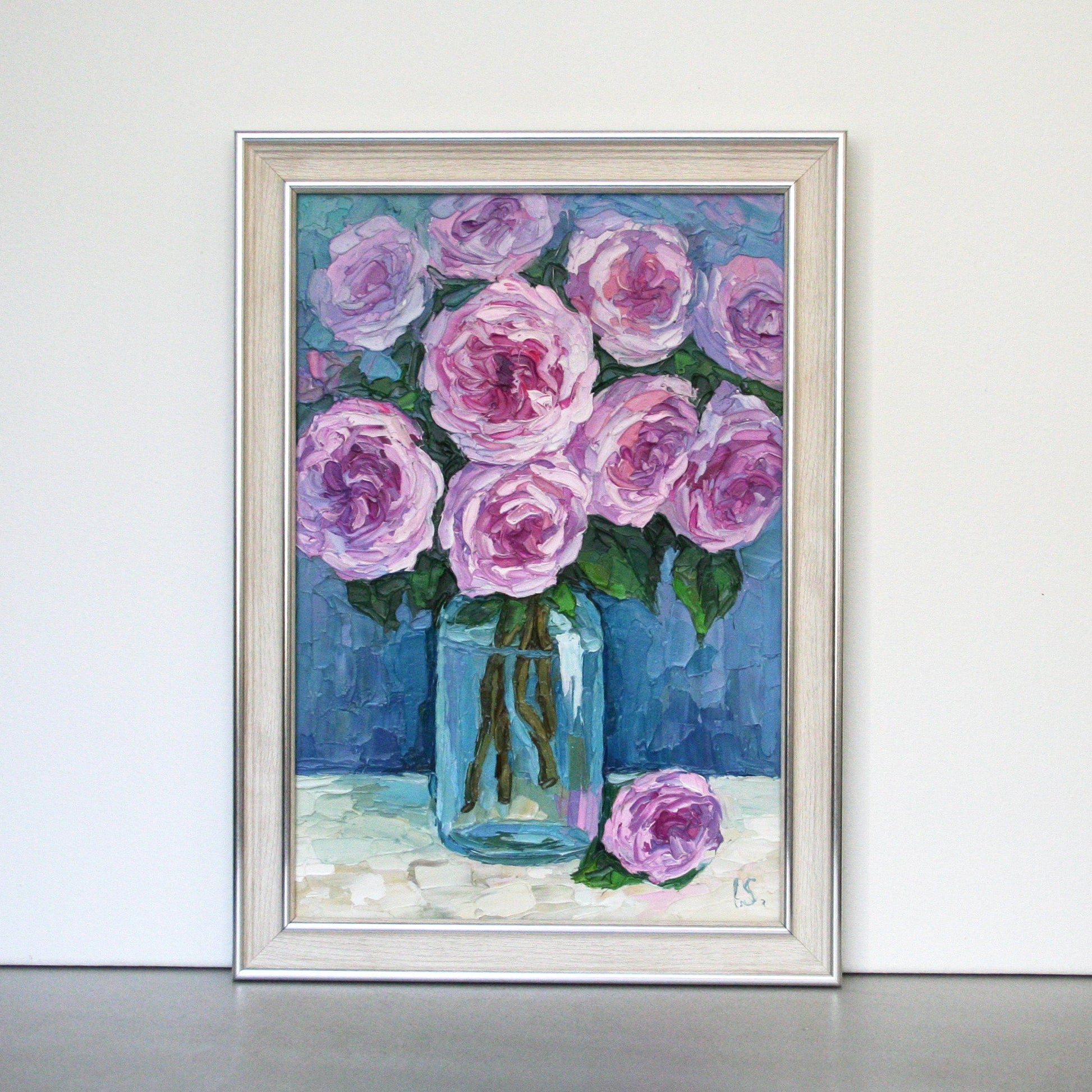 Impasto rose original oil painting, textured pink flowers in a jar, hand-painted floral wall art by Iryna Stakhiv