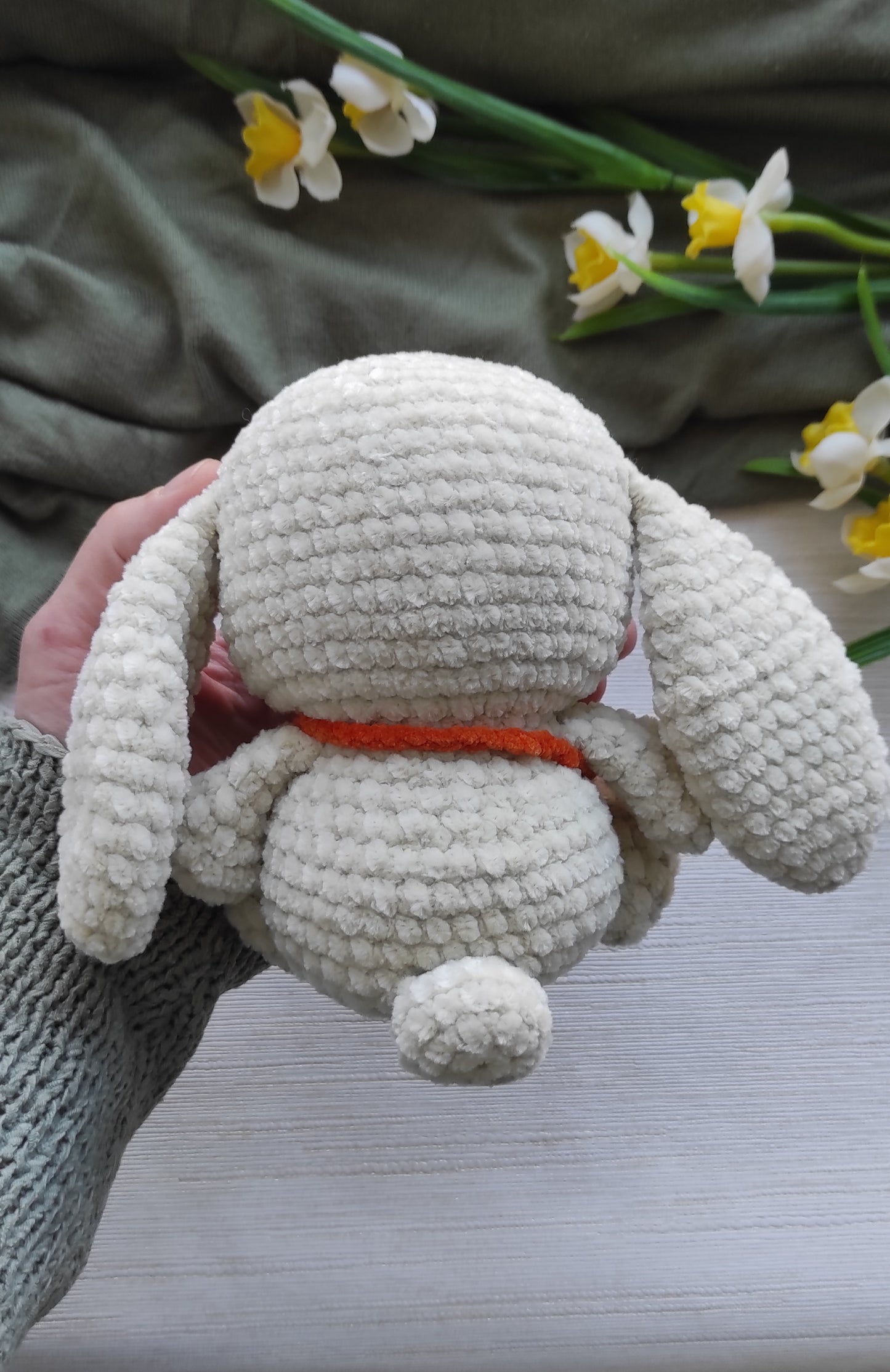 Crochet bunny with functional carrot pouch, handmade amigurumi treat holder
