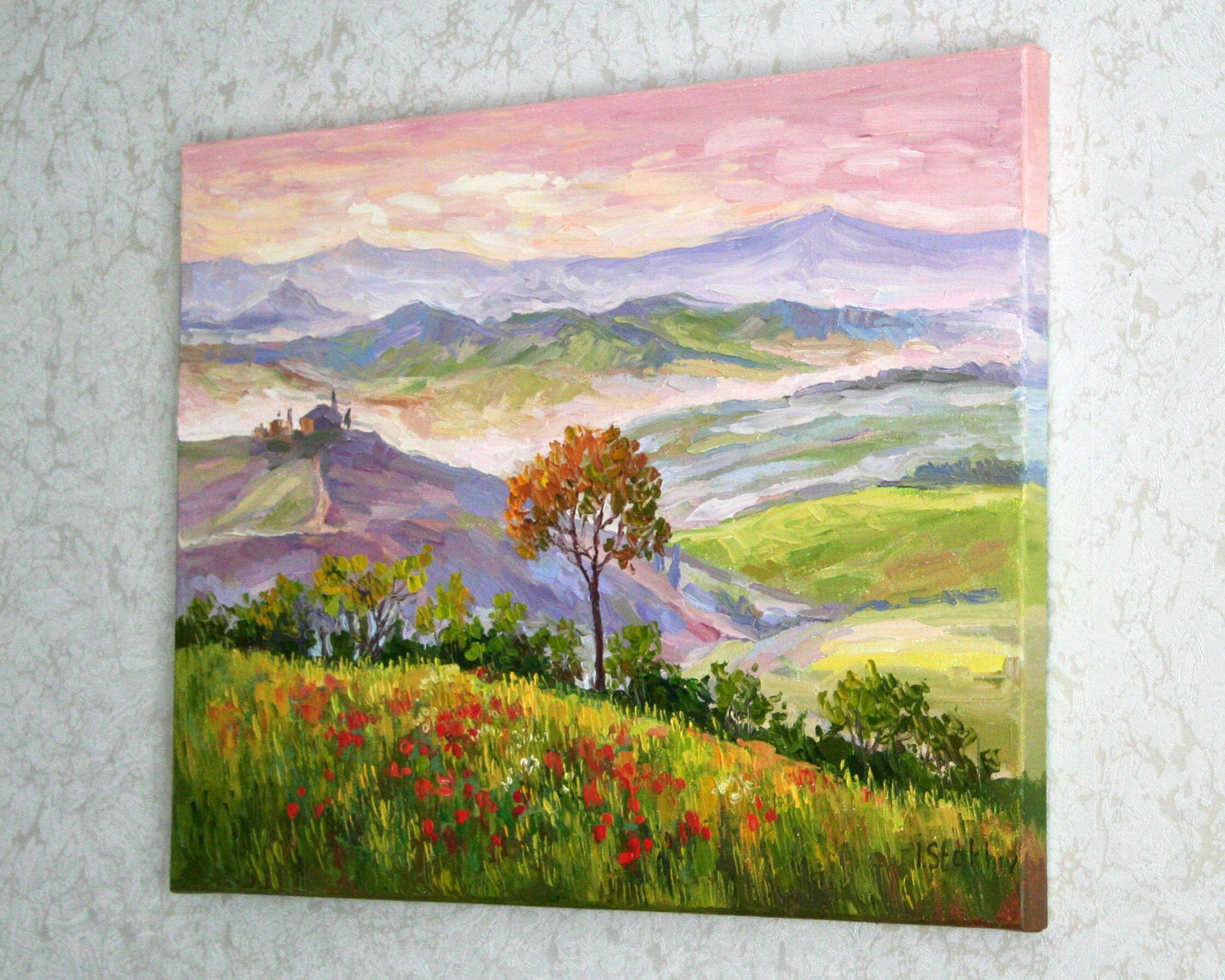 Italy poppy field painting gallery wrapped canvas 30x40 cm, ready to hang original art