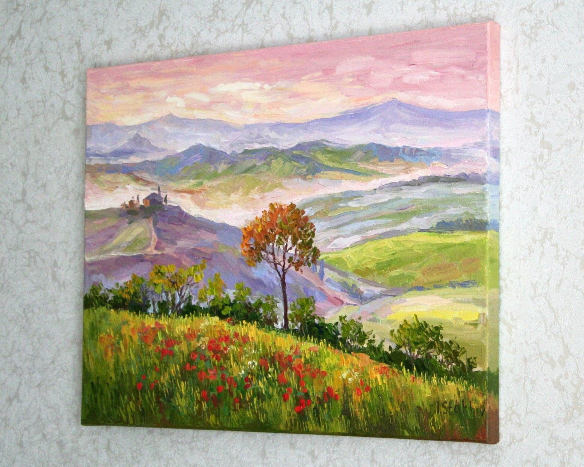 Italy poppy field painting gallery wrapped canvas 30x40 cm, ready to hang original art