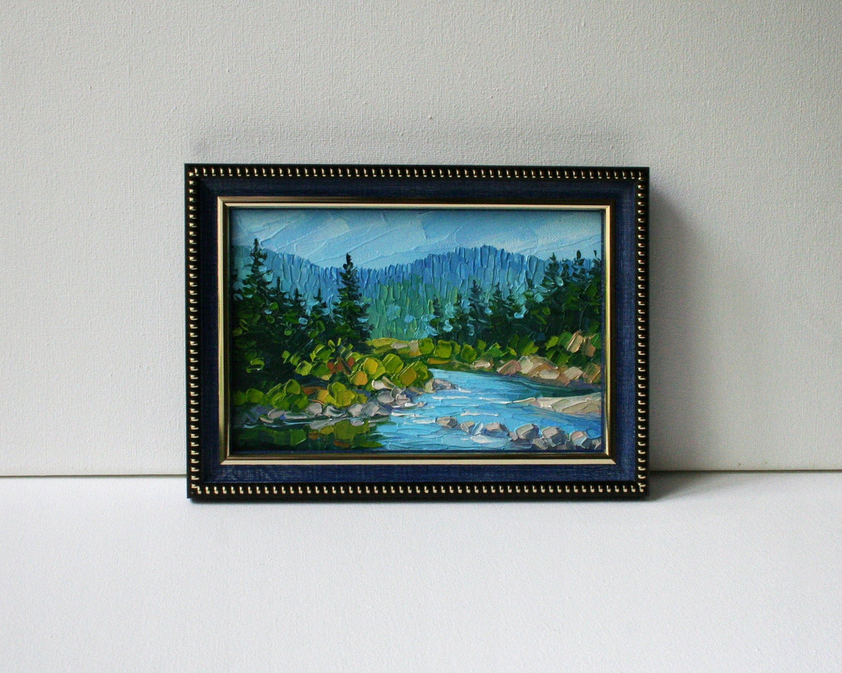 Jed Smith Redwoods river landscape — original mini oil painting in frame, front view
