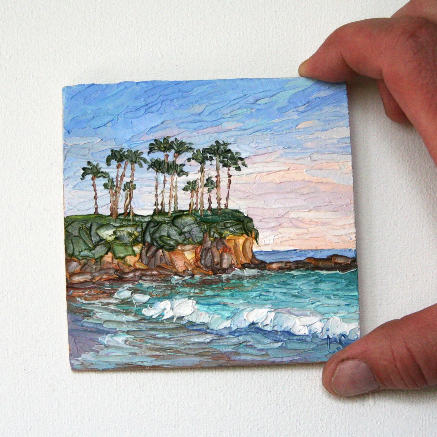 Laguna Beach - 4x4 palette knife painting, impasto textured art, tiny framed oil artwork