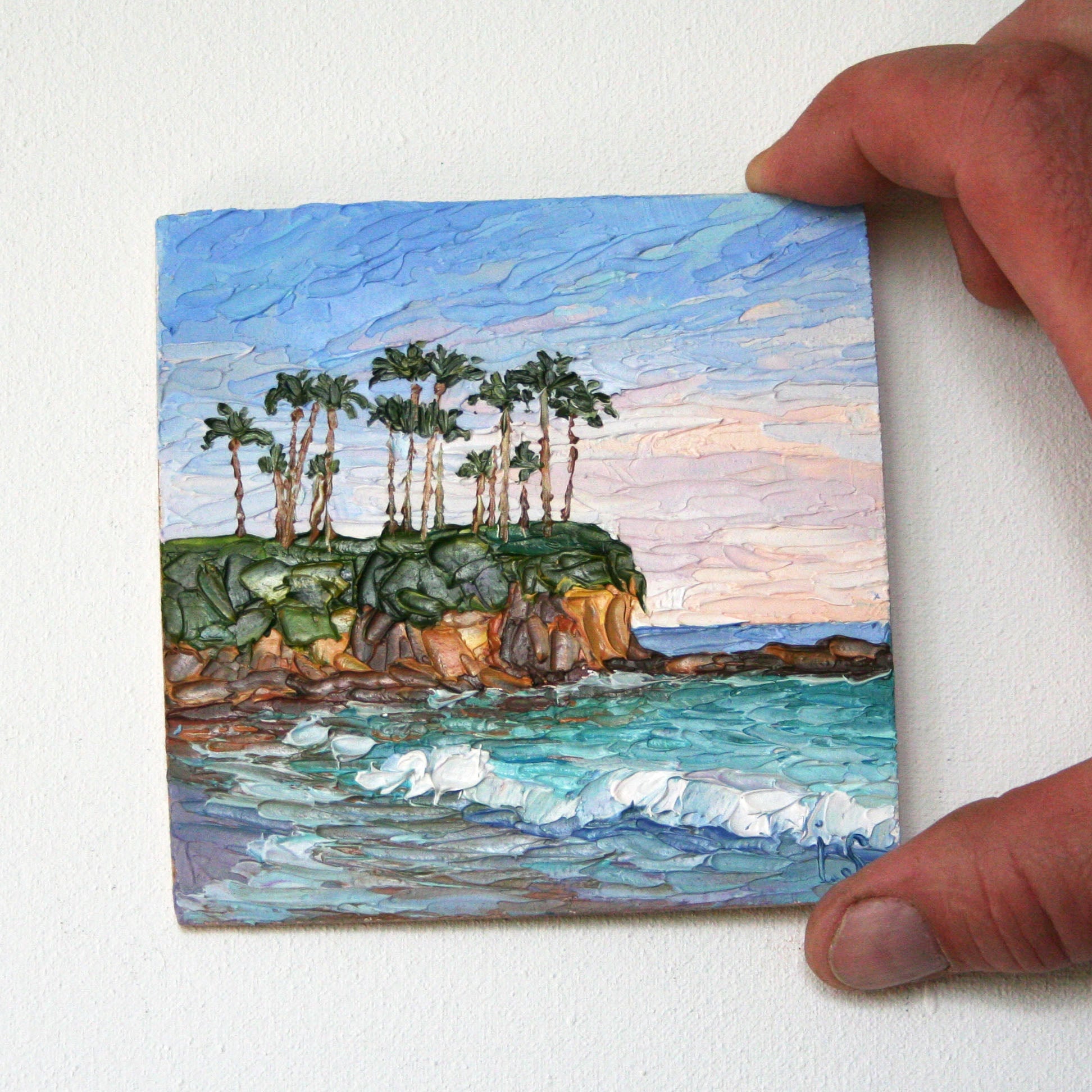 Laguna Beach - 4x4 palette knife painting, impasto textured art, tiny framed oil artwork