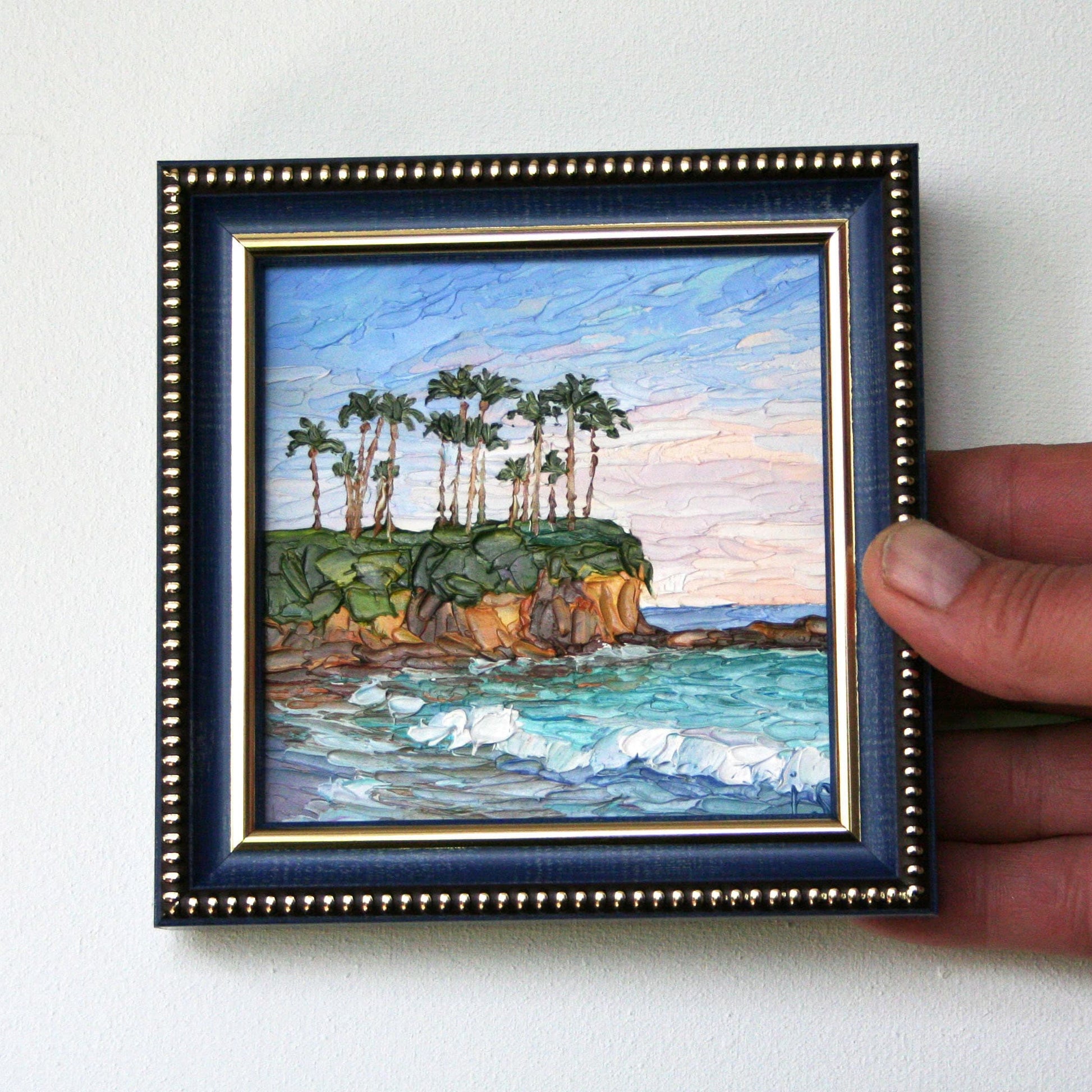 Laguna Beach art mini oil painting 4x4, original framed California seascape palette knife by Iryna Stakhiv