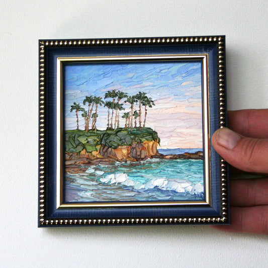 Laguna Beach art mini oil painting 4x4, original framed California seascape palette knife by Iryna Stakhiv