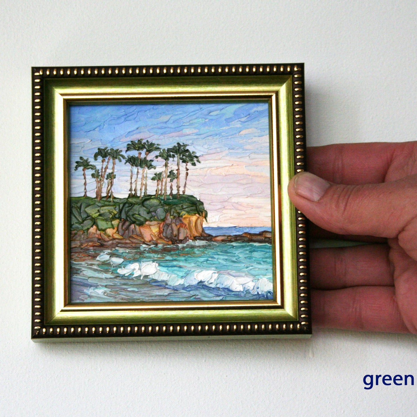 Laguna Beach painting, textured impasto palette knife ocean waves palm trees California