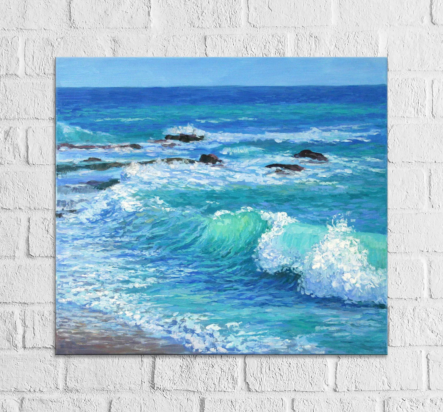 Laguna Beach seascape oil painting, original California ocean waves palette knife impasto art 16x16 inches