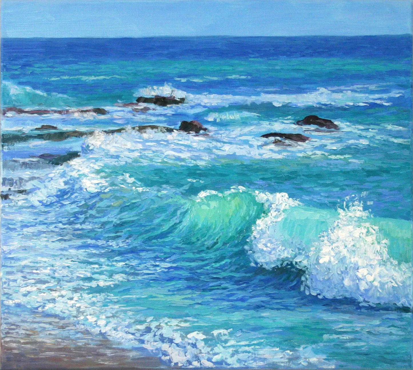 Laguna Beach seascape painting side profile showing stretched canvas depth, gallery wrapped ready to hang wall art