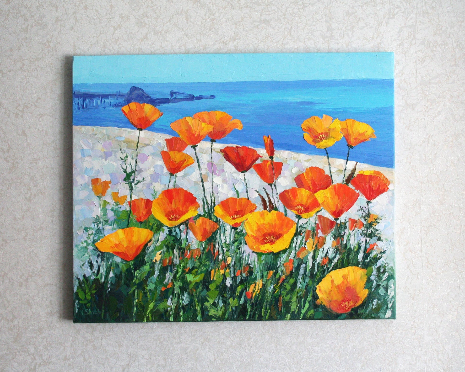 Large California poppy oil painting on canvas, orange flowers with blue ocean background, 50x60 cm coastal wall ar
