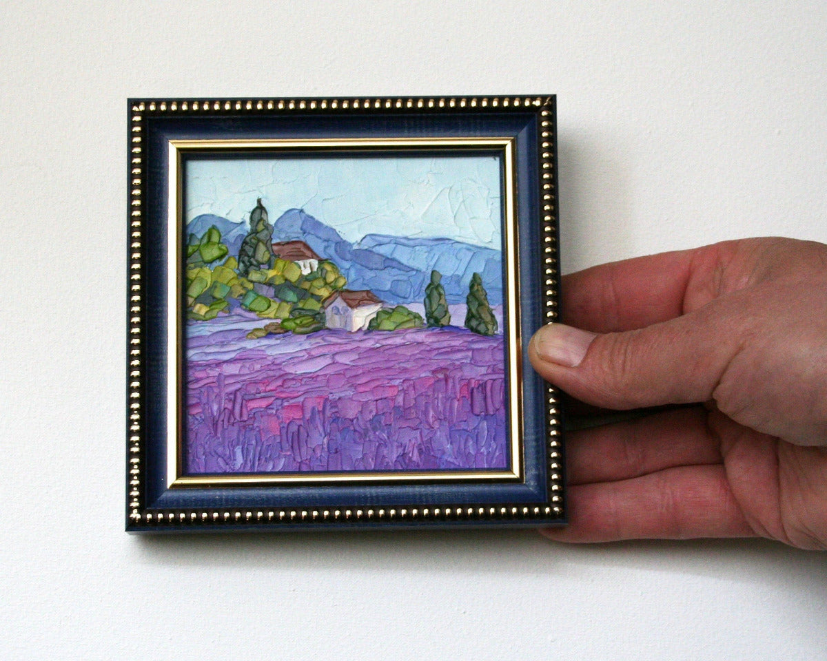Lavender fields Provence art mini oil painting 4x4, original framed palette knife French landscape by Iryna Stakhiv