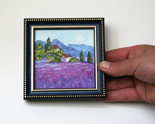 Lavender fields Provence art mini oil painting 4x4, original framed palette knife French landscape by Iryna Stakhiv