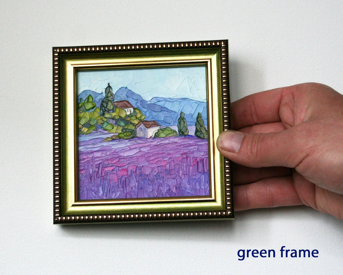 Lavender fields Provence painting, textured palette knife impasto art purple flowers blue mountains