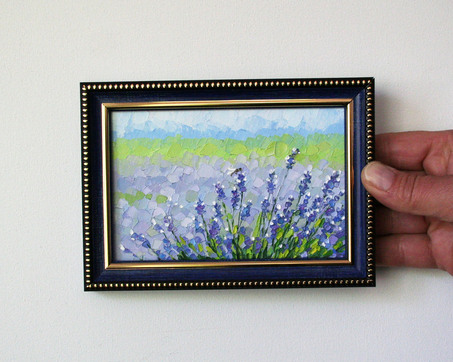Lavender mini oil painting with insect, framed 4x6 in impasto textured landscape.